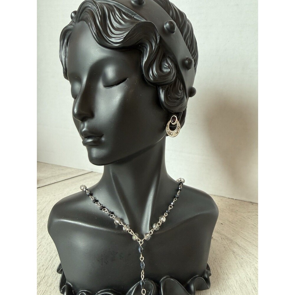 925 Marcasite Dangle Earrings GSJ, Faceted Beads Tassel Rosary Style Y-Necklace